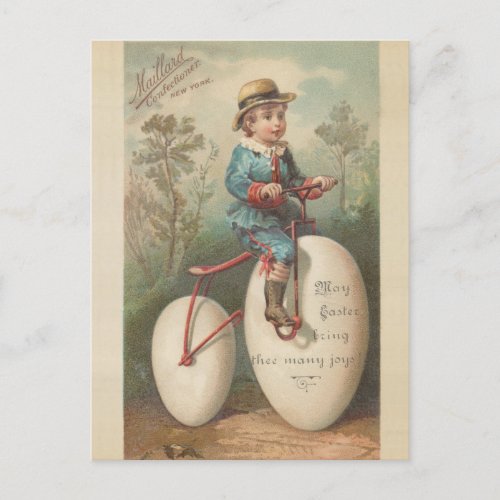 Vintage cute boy egg bicycle easter blessing   holiday postcard