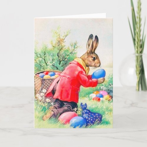 Vintage Cute Bunny and Colorful Easter Eggs Holiday Card