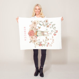 Vintage Cute Bunny Botanical Baby Girl Nursery Fleece Blanket