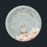 Vintage Cute Bunny Botanical Boy 1st Birthday Paper Plates<br><div class="desc">Vintage style charm for your son's first birthday,  with this cute bunny holding carrots surrounded by cream and blush florals and greenery,  on a powder green background. You can easily personalise the text to your own requirements.</div>