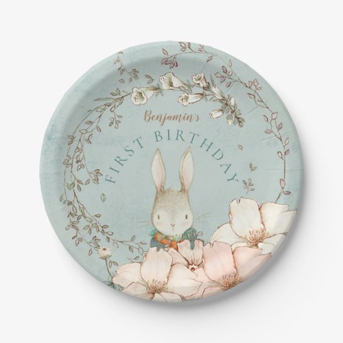 Vintage Cute Bunny Botanical Boy 1st Birthday Paper Plates