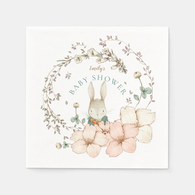 Vintage Cute Bunny Botanical Boy Baby Shower Napkins (Front)