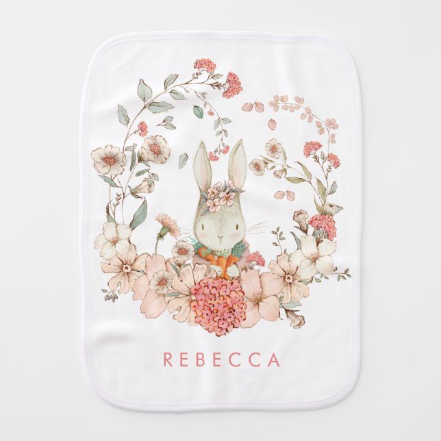 Vintage Cute Bunny Botanical Florals Baby Girl Burp Cloth (Front)