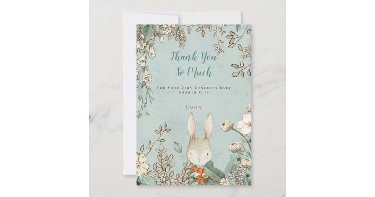 Vintage Cute Bunny Botanical Green Baby Shower Thank You Card | Zazzle