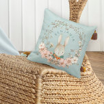 Vintage Cute Bunny Botanical Name Baby Boy Nursery Throw Pillow<br><div class="desc">Vintage cuteness for your baby boy's nursery with this bunny and botanical design on a powder blue grunge effect backdrop. The sweet bunny is wearing a green jacket and holding a bunch of carrots, and is peaking out behind cream and blush florals and whimsical leaves which circle around him. Easily...</div>