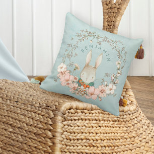 Vintage Cute Bunny Botanical Name Baby Boy Nursery Throw Pillow
