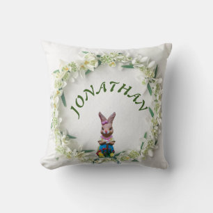 Vintage Cute Bunny Botanical Name Baby Boy Nursery Throw Pillow