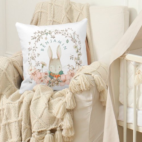 Vintage Cute Bunny Botanical Name Baby Boy White Throw Pillow