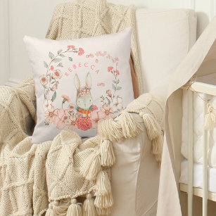 Vintage Cute Bunny Botanical Name Baby Girl Cream Throw Pillow