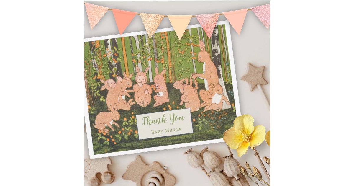 Vintage Cute Bunny Children Baby Shower Thank You Card | Zazzle