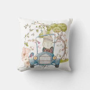 Vintage Cute Bunny Driving Car Name Baby Boy Throw Pillow