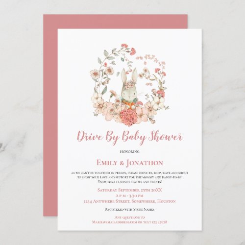 Vintage Cute Bunny Floral Drive By Baby Shower Invitation