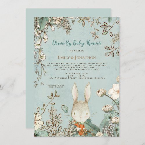 Vintage Cute Bunny Floral Drve By Baby Shower Invitation