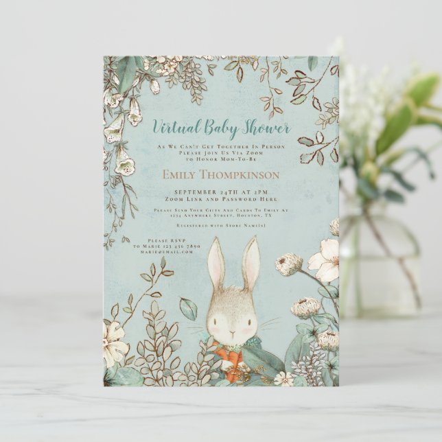 Vintage Cute Bunny Floral Leaf Virtual Baby Shower Invitation (Standing Front)