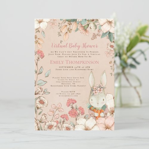 Vintage Cute Bunny Floral Leaf Virtual Baby Shower Invitation