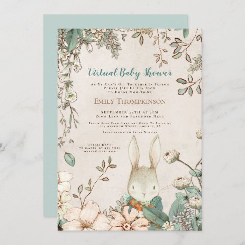 Vintage Cute Bunny Floral Leaf Virtual Baby Shower Invitation