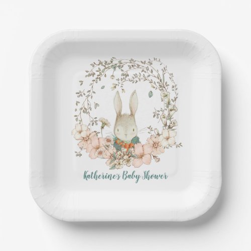 Vintage Cute Bunny Florals Boy Baby Shower Paper Plates