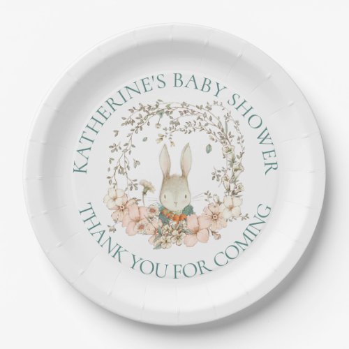 Vintage Cute Bunny Florals Boy Name Baby Shower Paper Plates