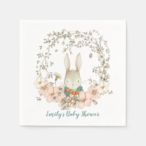 Vintage Cute Bunny Florals Foliage Boy Baby Shower Napkins