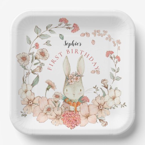 Vintage Cute Bunny Florals Girl 1st Birthday Paper Plates