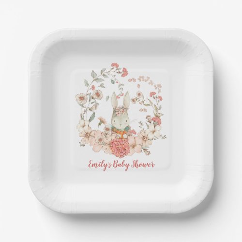 Vintage Cute Bunny Florals Girl Baby Shower Paper Plates