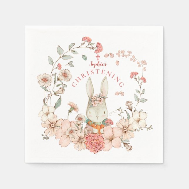 Vintage Cute Bunny Florals Girl Christening Napkins (Front)