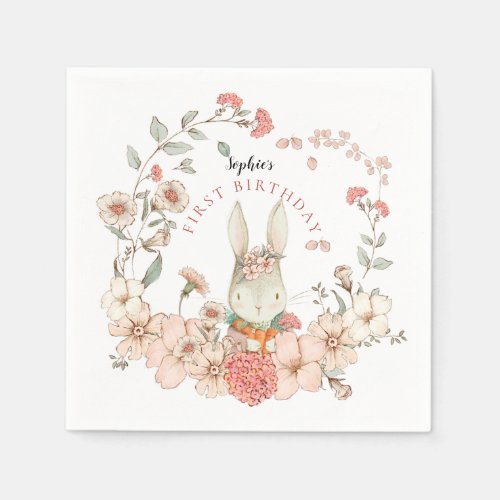 Vintage Cute Bunny Florals Girl First Birthday Napkins