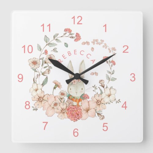 Vintage Cute Bunny Florals Name Baby Girl Nursery Square Wall Clock