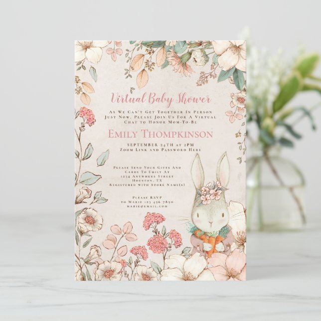 Vintage Cute Bunny Flower Leaf Virtual Baby Shower Invitation (Standing Front)