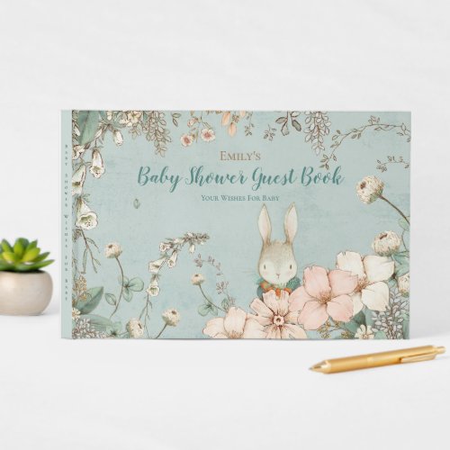 Vintage Cute Bunny Flowers Wishes For Baby Shower Guest Book