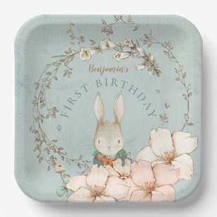Vintage Cute Bunny Foliage Boy 1st Birthday Paper Plates