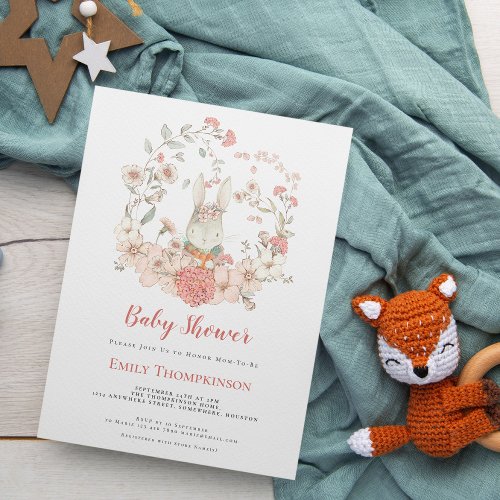 Vintage Cute Bunny Foliage Peach Baby Shower Invitation