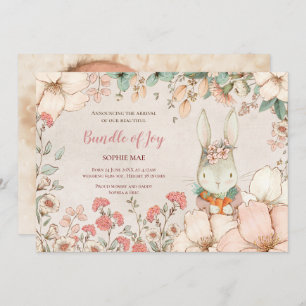 Vintage Cute Bunny Photo Flowers Baby Girl Birth Announcement