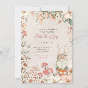 Vintage Cute Bunny Photo Flowers Baby Girl Birth Announcement