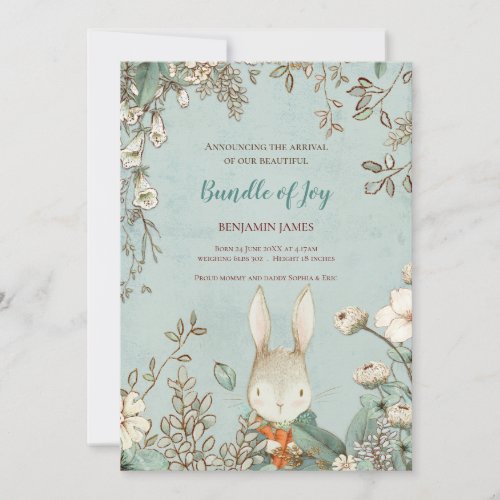 Vintage Cute Bunny Photo Leaf Floral Baby Birth Announcement