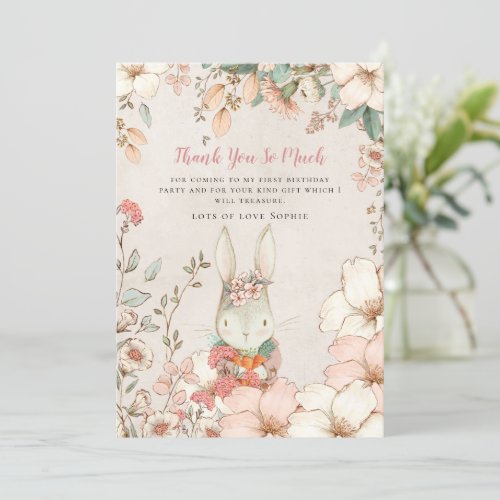 Vintage Cute Bunny Pink Girl First Birthday Thank You Card