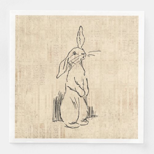 Vintage Cute Bunny Rabbit Art Script Background Paper Dinner Napkins