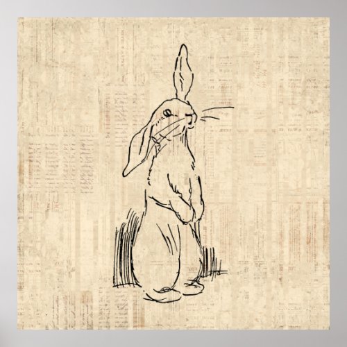 Vintage Cute Bunny Rabbit Art Script Background Poster