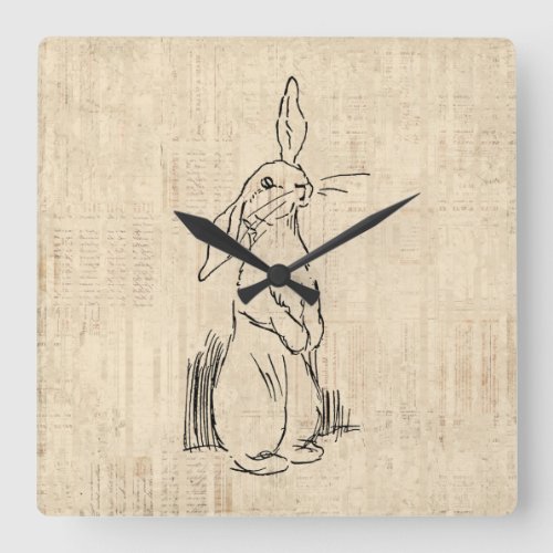 Vintage Cute Bunny Rabbit Art Script Background Square Wall Clock