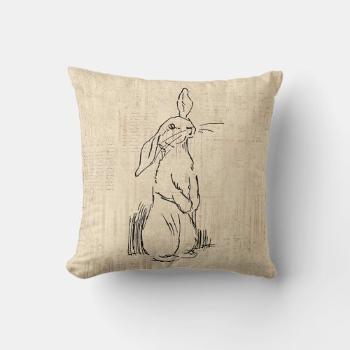 Vintage Cute Bunny Rabbit Art Script Background Throw Pillow