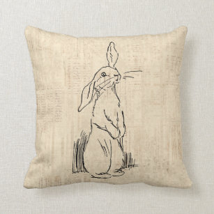 Vintage Cute Bunny Rabbit Art Script Background Throw Pillow