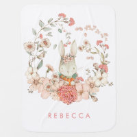 Vintage Cute Bunny Whimsical Flowers Baby Girl Baby Blanket