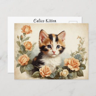 Vintage Cute Calico Kitten Portrait Flowers Sweet Postcard
