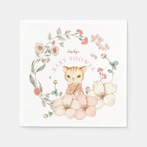 Vintage Cute Cat Blush Florals Girl Baby Shower Napkins