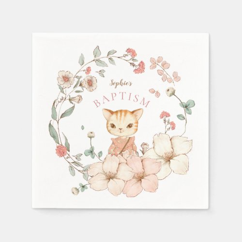 Vintage Cute Cat Blush Flowers Girl Baptism Napkins