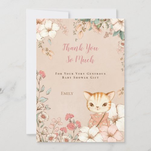 Vintage Cute Cat Botanical Pink Girl Baby Shower Thank You Card