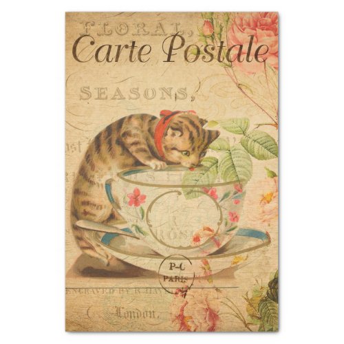 Vintage Cute Cat Drinking of Tea Cup and Saucer Tissue Paper