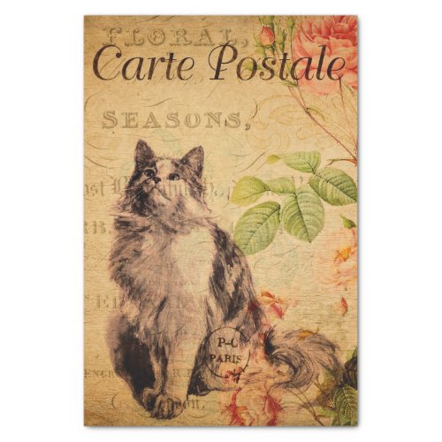 Vintage Cute Cat Floral Flowers French Tissue Paper