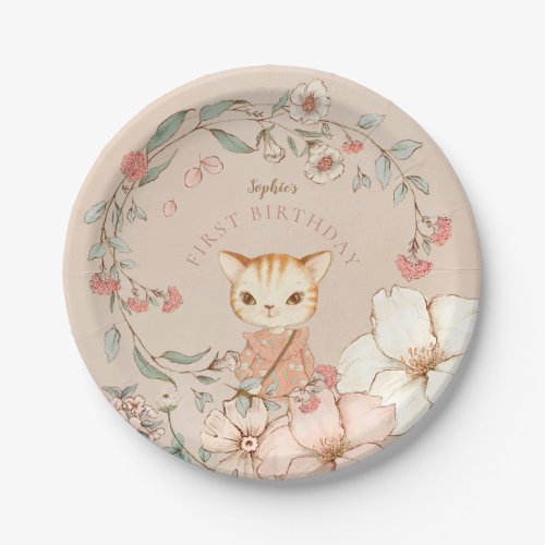 Vintage Cute Cat Flowers Girl Blush First Birthday Paper Plates