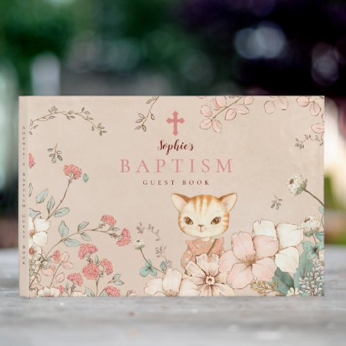 Vintage Cute Cat Flowers Leaves Baby Girl Baptism Guest Book